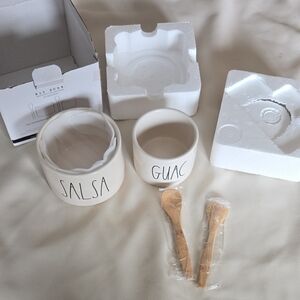 Rae Dunn White Salsa and Guac Bowls with Wooden Spoons